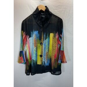 DAMEE LG Button-Up Tunic Top Colorful Crinkle Artsy Boho Flowy 3/4‎ Slv